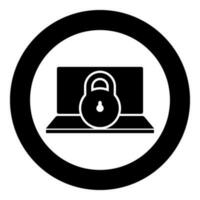 Laptop lock personal data security cyber access concept locked padlock use icon in circle round black color vector illustration image solid outline style