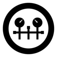 Pressure gauge and pipes manometer meter vacuum heating gas water oil pump measure device system icon in circle round black color vector illustration image solid outline style