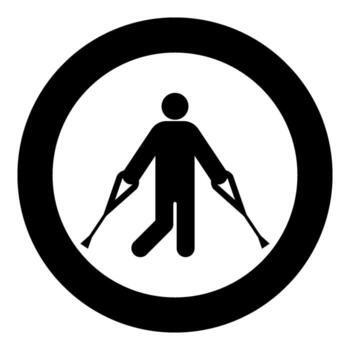 Man with crutchs crutches broken leg in cast gypsum bone injury fracture icon in circle round black color vector illustration image solid outline style