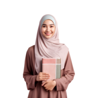 Smiling young Asian Muslim woman, holding book, png