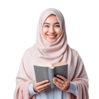 lächelnd jung asiatisch Muslim Frau, halten Buch, ai generiert png