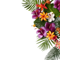 Summer tropical background with space for text, various flowers, green leaves. png