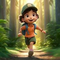 3d render little kid exploring in the forest, mascot. AI generated photo