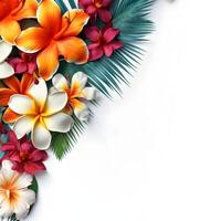 Summer tropical background with space for text, various flowers, green leaves. ai generated photo