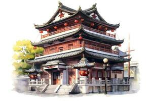 Watercolor japanese pagoda landmark building, castle. ai generated photo