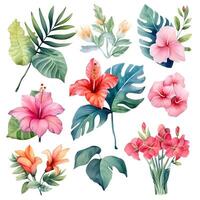 tropical flowers and leaves, summer set, large hand drawn watercolor set. ai generated photo