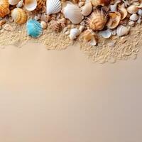 shells on beach sand with empty space for products. ai generated photo