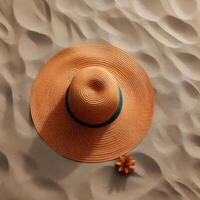 Top view of sand beach with beach hat. ai generated photo