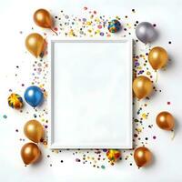 frame with balloons and confetti around it. birthday and greeting concept. ai generated photo