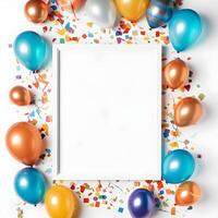 frame with balloons and confetti around it. birthday and greeting concept. ai generated photo