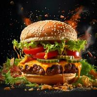 delicioso hamburguesa con volador ingredientes y oscuro antecedentes. ai generado foto