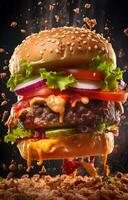 Delicious burger with flying ingredients and dark background. ai generated photo