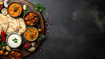 indio étnico comida buffet en oscuro hormigón mesa desde parte superior vista. ai generado foto