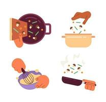 Cooking process semi flat colour vector objects set. Food preparation editable cartoon clip art icons on white background. Simple spot illustrations for web graphic design