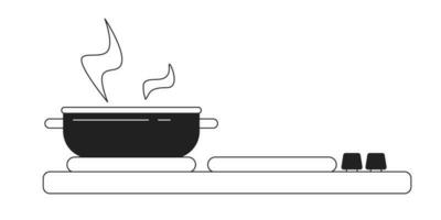Steel stainless pot on kitchen stove monochrome flat vector object. Kitchen appliance. Editable black and white thin line icon. Simple cartoon clip art spot illustration for web graphic design