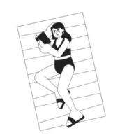 traje de baño mujer acostado con libro en playa monocromo plano vector personaje. Lesen a.m hebra. verano leer. editable línea lleno cuerpo persona en blanco. sencillo bw dibujos animados Mancha imagen para web gráfico diseño