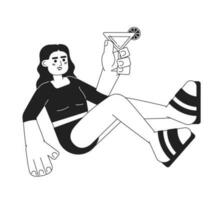 Arab woman with martini glass monochromatic flat vector character. Nightlife drinking. Summer vibes. Editable thin line full body person on white. Simple bw cartoon spot image for web graphic design