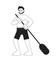 Swimwear man holding paddle monochromatic flat vector character. Physical activity. Paddleboarding. Editable thin line full body person on white. Simple bw cartoon spot image for web graphic design