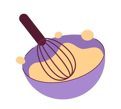 Whisk whipping cream in bowl semi flat colour vector object. Mixing dough. Editable cartoon clip art icon on white background. Simple spot illustration for web graphic design