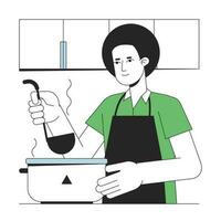 Young man cooking soup flat line concept vector spot illustration. Food preparation 2D cartoon outline character on white for web UI design. Kitchen appliance editable isolated colorful hero image