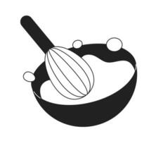 Whisk whipping cream in bowl monochrome flat vector object. Mixing dough with tool. Editable black and white thin line icon. Simple cartoon clip art spot illustration for web graphic design