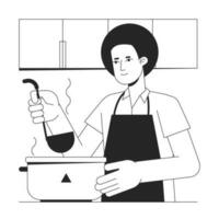 Young man cooking soup bw concept vector spot illustration. Food preparation 2D cartoon flat line monochromatic character for web UI design. Kitchen appliance editable isolated outline hero image