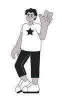 African american boy with peace fingers monochromatic flat vector character. Teenage boy smiling happy. Editable line full body person on white. Simple bw cartoon spot image for web graphic design