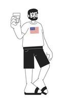 Bearded caucasian man toasting with punch glass monochromatic flat vector character. July 4th celebration. Editable line full body person on white. Simple bw cartoon spot image for web graphic design