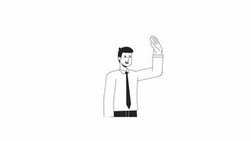 Office man celebrating bw animation. Animated character male employee with high 5. Monochrome 2D flat outline cartoon 4K video, white background, alpha channel transparency for web design video