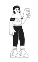 Smiling asian woman toasting punch glass monochromatic flat vector character. Millennial. Drink toast. Editable line full body person on white. Simple bw cartoon spot image for web graphic design