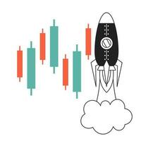 Flying rocket monochrome flat vector object. Exponential growth, investment. Start up. Editable black and white thin line icon. Simple cartoon clip art spot illustration for web graphic design