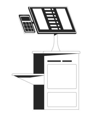 Self service terminal flat monochrome isolated vector object. Scan, pack and pay. Editable black and white line art drawing. Simple outline spot illustration for web graphic design