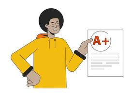 Proud african american student flat line color vector character. Editable outline half body schoolboy shows blank with mark on white. Simple cartoon spot illustration for web graphic design