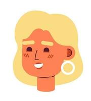 alegre rubia mujer semi plano vector personaje cabeza. editable dibujos animados avatar icono. hembra empresario con dorado arete. cara emoción. vistoso Mancha ilustración para web gráfico diseño, animación