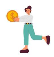 Saving money semi flat colorful vector character. Editable full body young woman hold gold coin on white. Simple cartoon spot illustration for web graphic design