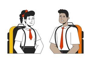 Two teenagers speaking flat line color vector characters. Editable outline half body education characters in school uniform on white. Simple cartoon spot illustration for web graphic design