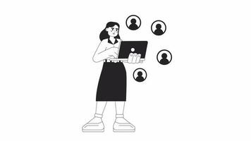 CEO woman working on laptop bw 2D animation. Connect with clients 4K video motion graphic. E commerce. Businesswoman connection monochrome outline animated cartoon flat concept, white background