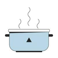 Steel pot with boiling water flat line color isolated vector object. Kitchen utensil. Editable clip art image on white background. Simple outline cartoon spot illustration for web design