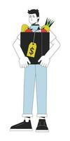 Unhappy man hold bag with purchases flat line color vector character. Editable outline full body busy person with goods on white. Simple cartoon spot illustration for web graphic design