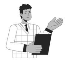 africano americano profesor sostiene libro plano línea negro blanco vector personaje. editable contorno medio cuerpo joven adulto hombre explica. sencillo dibujos animados aislado Mancha ilustración para web gráfico diseño