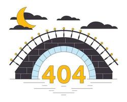 Stone bridge error 404 flash message. Crescent between clouds. Night scenery. Empty state ui design. Page not found popup cartoon image. Vector flat illustration concept on white background