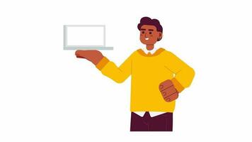 Happy man with laptop 2D character animation. Showing notebook flat cartoon 4K video, transparent alpha channel. African american male holding computer device animated person on white background video