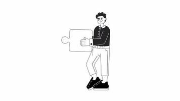 Caucasian office man holding puzzle piece bw 2D animation. Cooperation teamwork 4K video motion graphic. Male employee. Collaboration monochrome outline animated cartoon flat concept, white background