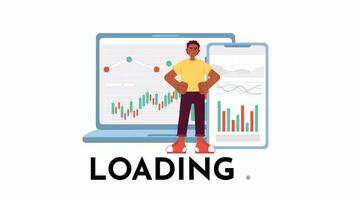 E-platforms for investor 2D loading animation. Stock exchange trader hands on hips animated cartoon character 4K video loader motion graphic. Investment management download, upload progress gif