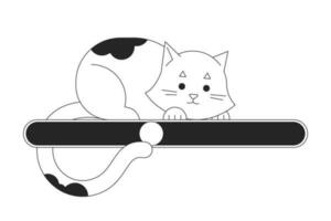 Cute playful cat on black white loading bar flat design. Small kitty looking at progress status. Web loader ui ux. Graphical user interface. Outline cartoon vector illustration on white background