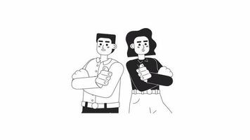 Entrepreneurial partners bw cartoon animation. Successful equal business partnership 4K video motion graphic. Team crossed arms 2D monochrome line animated characters isolated on white background