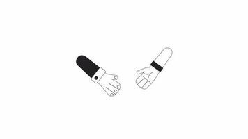 Business people handshake bw 2D hands animation. Business merger outline cartoon 4K video, alpha channel. People connecting work together. Hand deal animated body parts isolated on white background video