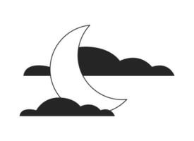 Moonlit night flat monochrome isolated vector object. Crescent covered by clouds. Editable black and white line art drawing. Simple outline spot illustration for web graphic design