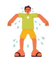 Sweating outdoors in summertime flat concept vector spot illustration. Sad man with sweaty armpits 2D cartoon character on white for web UI design. Summer heat isolated editable creative hero image