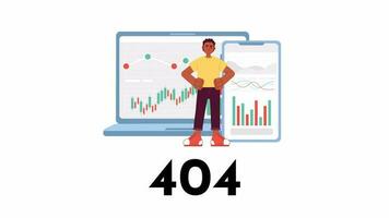 E-platforms for investor 404 error animation. Investment management applications error message gif, motion graphic. Stock trader man animated character cartoon 4K video isolated on white background